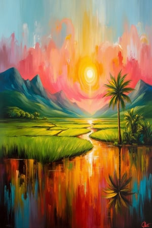 Abstract landscape of lush greenery, paddy fields, and mountains at sunset, featuring a palm tree, vibrant colors, soft gradients, wide-angle shot, golden hour lighting, abstract patterns blending nature elements, centered composition, serene atmosphere, digital art style.