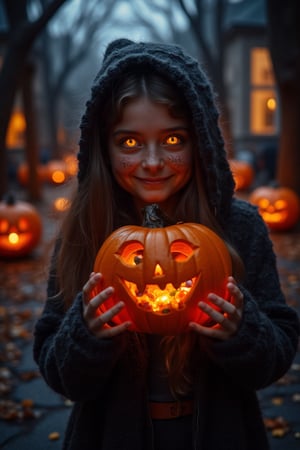 A close-up of Ahlabun.hanna holding a pumpkin and colorful candy, standing in the middle of a dimly lit Halloween night street. The eerie atmosphere is enhanced by the glow of jack-o'-lanterns and the shadows cast by skeletal trees. Ahlabun.hanna's expression is a mix of excitement and curiosity, with the vibrant candy contrasting against the dark, spooky background. The composition is centered, with the focus on Ahlabun.hanna and the Halloween elements around her.