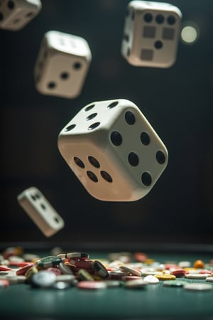 DSLR ultra HD close-up shot of a large dice mid-air, capturing the white and black sides in sharp detail. The composition frames the dice with a dramatic angle, emphasizing its dynamic movement. The lighting is high-contrast, with strong shadows and highlights creating a dramatic effect. The background is blurred, focusing attention on the dice. The scene exudes tension and anticipation, with the dice's sharp edges and contrasting colors adding to the dramatic impact. The shot captures the essence of a high-stakes moment, rendered in ultra HD clarity.