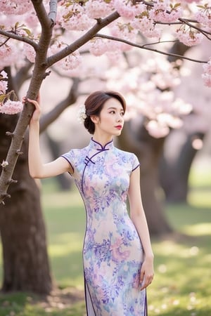 A serene woman in a traditional cheongsam, Hanna, standing under a cherry tree in full bloom. The scene is softly lit with natural sunlight filtering through the blossoms, casting gentle shadows. Hanna's pose is elegant, with one hand resting on the tree trunk, looking up at the flowers. The composition frames her in the foreground, with the cherry blossoms creating a delicate, airy background.