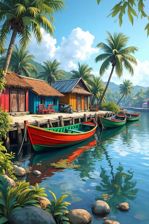 A serene, colorful fishing village scene with traditional wooden boats docked along a calm body of water, painted in bright colors—red, green, blue, and yellow. Simple village houses and green foliage frame the scene, with palm trees adding a tropical touch. The clear blue sky and gentle reflections in the water create a peaceful, sunny atmosphere, capturing the essence of coastal village life.JojoArt.hanna