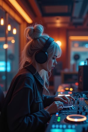 A stylish woman with a messy hair bun with headphone sits and be a dj at a contemporary radio studio, her figure illuminated by the warm, glowing lights of the studio equipment. She is near a DJ console with brightly lit dials, buttons, and sleek surfaces. The background features soft, out-of-focus lights that add a vibrant, modern atmosphere to the scene. The contrast between the futuristic studio setting and the woman’s casual appearance creates a relaxed yet creative vibe. Realistic details on the equipment, lighting reflections, and the woman’s natural features.,Silver hair