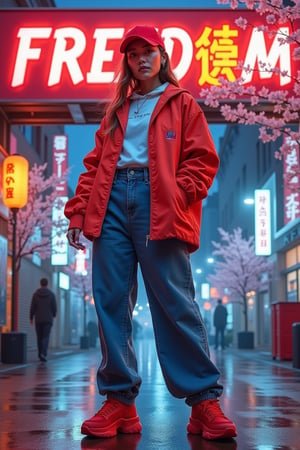 Bold Japanese hyperrealistic advertising poster featuring a stunning Asian model with a sleek, red cap framing her angular face. The model exudes confidence in modern, oversized baggy jeans paired with a matching loose-jacket in another colour, accentuated by chunky red sneakers. The model stands in front of a futuristic urban background with neon signs and soft glowing lanterns, set against a sleek cityscape at night. Cherry blossoms softly fall behind, contrasting with the modern environment. Bold kanji characters in dynamic, graffiti-like style read 'FREEDOM' across the top. The poster merges contemporary fashion with traditional Japanese elements, creating an energetic, youthful vibe.