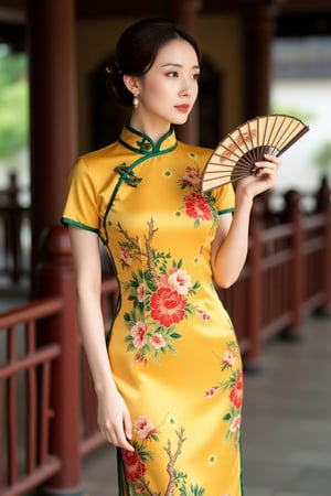 A stunning digital portrait of Hanna in a traditional mustard yellow cheongsam with intricate floral patterns. The form-fitting design features short sleeves and a high mandarin collar, creating a classic, elegant silhouette. Floral embroidery in vibrant reds, greens, and pinks decorates the dress, accented with green piping and traditional frog buttons. Hanna holds a traditional Chinese fan with matching motifs, hair styled in an elegant updo, wearing delicate earrings. The background is a traditional Chinese setting with soft, natural lighting, wooden architecture, and soft greenery, highlighting the beauty of the dress and Hanna's poised expression.