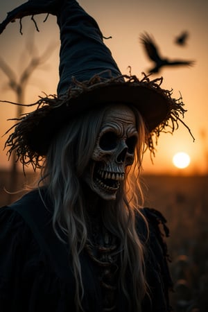 A close-up of Ahlabun.hanna as a scarecrow in tattered jester clothing, with a worn straw hat casting shadows over her eerie grin. The sunset casts harsh shadows, and crows circle above in a desolate, ominous setting. The scene has a horror atmosphere, with strong lighting contrast, dark vignette, and film grain for a WPA-inspired look. Ahlabun.hanna's grin is emphasized by the dramatic lighting, creating a chilling, foreboding presence.