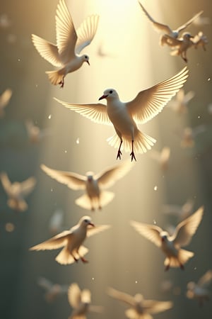 A surreal scene of light, airy birds under blazing light, with a raw, ethereal style. The birds are depicted in mid-air, their feathers illuminated by the intense light, creating a dreamlike atmosphere. The composition is dynamic, with the birds in various poses, some soaring, others hovering. The background is blurred, focusing attention on the birds. The lighting is bright and intense, casting long shadows. --v 6.1 --s 700