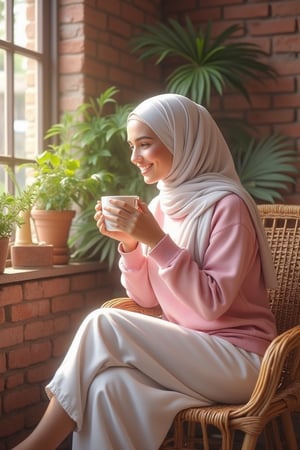 A beautiful white Malay woman in a cozy café, wearing a white hijab in style, with a pink outfit sweatshirt and loose white pants, sits by the window with warm sunlight streaming in. She holds a cup of coffee with both hands, smiling softly. The rustic brick wall and green plants in the background add to the relaxed, inviting atmosphere. The wicker furniture and soft, earthy tones create a sense of comfort and calm. The image blends realism with soft, vibrant colors, giving it a polished yet warm aesthetic.