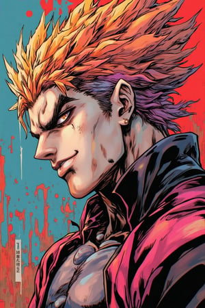 A smirking anime character in profile, exuding mockery and attitude, depicted in a vibrant digital painting. Sharp features, exaggerated expressions, and unique hairstyle contribute to his compelling presence. Expert shading and lighting enhance the three-dimensional quality, capturing the essence of a confident, mischievous protagonist.JojoArt.hanna