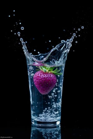 DSLR1.hanna-A high-speed photograph of a purple strawberry splashing into a glass filled with sparkling water. The glass is transparent, and the background is completely black, accentuating the splash of water that forms an intricate shape around the strawberry. The highlights and reflections in the splash are tinged in shades of green, and the entire composition features only the colors purple and green, giving a unique, surreal visual effect. The water splash appears frozen in motion, creating a dynamic and vivid image with a striking contrast against the dark backdrop.