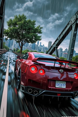 A Niji-style anime illustration capturing a low-angle, close-up, 3/4 profile view from behind a speeding Nissan GTR R35 on a metal bridge. The scene features a tree on the other end, set on a rainy day with dark overcast clouds and an urban city setting.JojoArt.hanna