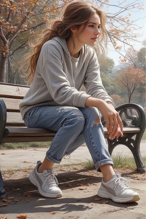 Digital Illustration 1.hanna A woman sits on a bench. She wears streetwear, based on puma, women in streetwear, trends on puma streetwear, ((focus on puma shoes only)), Puma logo bottom right. Hyper realistic illustration drawing. background, recreation park