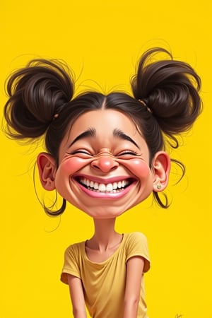 A stylized cartoon portrait of Hanna, a young girl with two large pigtails, scrunching her face in an exaggerated, playful grimace. Her large, expressive eyes are squeezed shut, showing her teeth in a wide, almost comically exaggerated grin. Her dark hair is styled into voluminous puffs, with loose strands sticking out. The background is a bright, solid yellow, creating a cheerful and energetic mood. The caricature emphasizes cartoonish and exaggerated facial expressions, vivid colors, and dynamic line work.