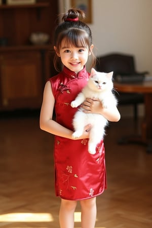 A cute girl, Hanna, holding a fluffy white cat, wearing a simple red cheongsam. Her messy hair bun and red velvet shoes add a playful touch. The cheongsam features a high mandarin collar and a form-fitting design, with subtle floral patterns. Hanna stands in a cozy, sunlit room, the soft natural lighting highlighting her playful expression and the cat's fluffy fur. The composition frames Hanna and the cat in the center, with a blurred background of wooden furniture and soft textures, creating a warm, inviting atmosphere.