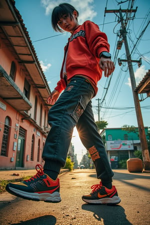 Ultra HD photography of Hanna in a low-angle shot, capturing a realistic, beautiful anime Cyberpunk in streetwear, mid-motion as she is about to step on the camera with one foot. The composition frames Hanna in the foreground, with the streetwear and cyberpunk elements in sharp focus, showcasing the vibrant colors and intricate details. The lighting is dynamic, with strong shadows and highlights creating a dramatic effect. The shot captures the essence of a high-energy moment, with every detail rendered in ultra HD clarity, emphasizing the beauty of the anime Cyberpunk in streetwear.