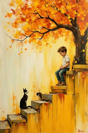 Abstract fantasy scene of a cute boy in a white shirt and jeans pant, scruffy pixie brown hair, smiling brightly atop a vibrant yellow staircase, looking down at a black and white cat, large tree with dark yellow blossoms overhead, petals softly falling, textured with expressive acrylic paint splatters, whimsical and dreamlike atmosphere, ethereal touch, bold brushstrokes, magical artwork.