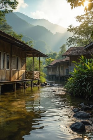 [Low angle close-up]: A rustic Malay village house (rumah kampung) in Johor, positioned by a serene river. The background reveals majestic mountains enveloped in soft, golden morning light. The atmosphere exudes tranquility, with lush greenery gently swaying in the morning breeze. Mist hovers over distant mountains, adding depth and calmness. Focus on the texture of wooden panels, ripples on the river, and sunlight illuminating the environment.