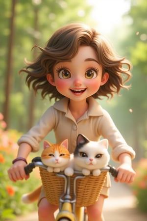 3D kawaii style, Hanna, a cute girl with a white and black checkered shirt, riding a bicycle with a cat in a park. Joyful expression, bright sunlight, close-up shot of Hanna and the cat, detailed park surroundings with trees and flowers, Hanna pedaling energetically, cat sitting comfortably on the bike basket, vibrant colors, soft shadows, playful composition.