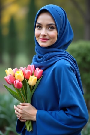 A beautiful woman wearing a hijab and a royal blue abaya dress, holding a bouquet of tulips. The scene is framed in a close-up shot, with soft natural lighting highlighting her serene expression. The composition centers on her, with the tulips adding a touch of elegance. She stands in a serene outdoor location, possibly a garden, with a gentle breeze slightly moving her hijab.