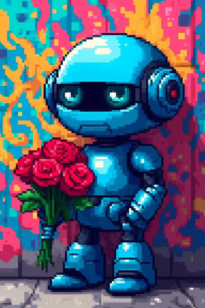 A vibrant pixel art scene of a cute robot, Hanna, standing in front of a graffiti-covered wall. Hanna holds a bouquet of red roses in her metallic hands. The wall is filled with colorful, dynamic graffiti art. The scene is brightly lit, with a focus on the contrast between the robot's metallic blue and the lively, colorful background. The composition centers on Hanna, with the graffiti wall providing a lively backdrop.