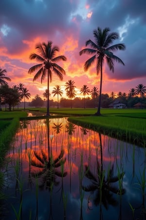 A stunning landscape scene featuring a vibrant sunset with dramatic clouds in the sky, reflected in the calm waters of a rice paddy field. The silhouette of tall palm trees stands majestically against the colorful evening sky, blending orange, pink, and blue hues. The reflection in the water mirrors the scene, creating a serene and symmetrical composition. The overall mood is peaceful and reflective, capturing the natural beauty of a tropical countryside at dusk. No watermarks or text on the image.