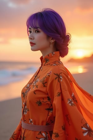 A hyperrealistic side-view portrait of a lady wearing a flowing, patterned orange Baju Kurung, with vibrant purple hair and bangs. She stands against the backdrop of a serene beach with a vibrant sunrise sky, captured in HDR. The image has a super wide-angle view and is rendered as a RAW photo, with intricate detailing of her bright Korean skin, high-quality texture, and facial features. The background is ultra-detailed, showcasing the golden glow of the sunrise meeting the ocean, creating a visually stunning scene.