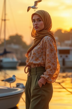 A young woman in a beautiful hijab, standing at a marina during a golden hour sunset. She wears a floral-patterned blouse with warm tones, tucked into high-waisted, loose trousers, exuding casual elegance. Her serene, confident expression, with hands in pockets. Boats and seagulls in the tranquil dockside background, soft golden light casting long shadows and warm reflections off the water. Digital illustration style captures intricate details of her clothing, graceful folds of the hijab, and ethereal sunlit atmosphere, focusing on harmony and warmth.