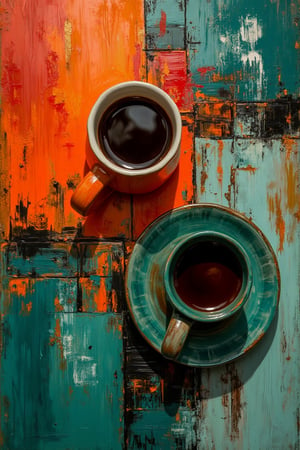 Abstract top-down view of two ceramic coffee cups on a richly textured, painted surface, one vibrant orange, the other deep teal green, filled with dark coffee, bold brushstrokes of teal, black, and hints of red on the table, cups’ reflections shimmering, cozy yet vibrant atmosphere, dramatic painterly background.