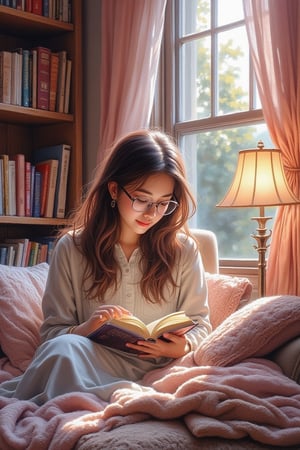 An oil ink sketch with gouache ink colors depicting a beautiful Malay girl with large eyes, wearing glasses. She is sitting comfortably and relaxed while reading a book in a cozy study room. Surrounding her are bookshelves filled with books, a dimly lit lamp, and soft pink and white curtains hanging by the window. The atmosphere is peaceful and serene, with a focus on the girl resting and enjoying her book.