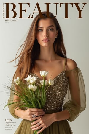 Magazine cover featuring Hanna, a beautiful woman with brown, flowy, long, straight, and silky hair. She wears an olive stunning dress and holds a bouquet of flowers, looking directly at the camera. The cover showcases the name BEAUTY in English text. Shot in a high-fashion studio, with soft, natural lighting highlighting her graceful pose. The background is clean and sophisticated, emphasizing her timeless beauty and the intricate details of the dress.