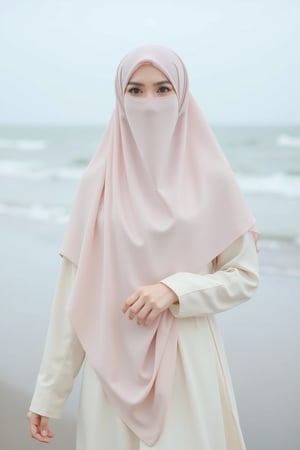 A high-resolution, photorealistic image of Muslimah Hanna wearing a pastel abaya dress with a matching niqab-style burqa, featuring a simple, minimalist floral pattern. The burqa covers her face entirely, leaving only her expressive eyes visible. The soft, flowy fabric and clean lines create a modest and elegant look. The background shows a cozy, cloudy beach with soft waves and diffused lighting, framed in a mid-shot to highlight the subtle floral prints and enhance the serene, dignified atmosphere.