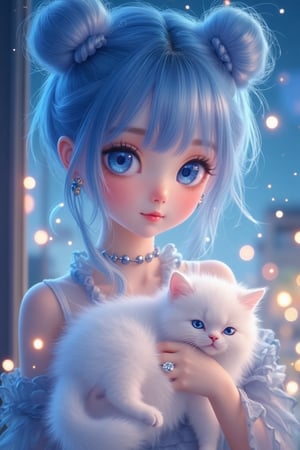 An anime-style portrait of a young girl with large, expressive blue eyes and blue hair styled in two cute buns. She holds a fluffy white cat with matching blue eyes, surrounded by soft sparks and a gentle glow, adding a magical touch. The background features a cityscape seen through a window, with blurred lights twinkling in the distance, enhancing the serene, contemplative atmosphere. The girl's pale skin contrasts with her soft red lips, and the cat rests peacefully in her arms. The art style is soft and detailed, focusing on the connection between the girl and her pet, with smooth shading and vibrant colors. The sparks and glow further emphasize the calm, reflective mood.