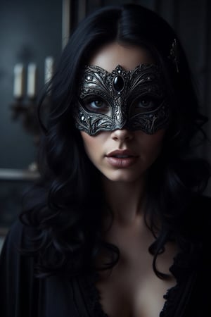 A close-up portrait of a beautiful woman of Ahlabun.hanna wearing an intricately designed half-face mask inspired by the Phantom of the Opera. The mask is detailed with delicate silver filigree and dark gemstones, framing one intense, hauntingly melancholic eye. Soft, dramatic lighting casts shadows across her face, highlighting the textures of the mask and the subtle expression on her lips. The background is blurred, with faint hints of an opulent ballroom setting, suggesting grandeur and mystery. Her dark, flowing hair cascades around her shoulders, adding to the allure and enigmatic presence of this phantom-like figure.