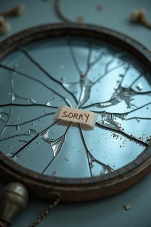 A reflective and symbolic photograph of a broken mirror with visible cracks radiating outward. In the center, a small adhesive bandage is placed, with the word SORRY written on it. The scene has soft, muted lighting, enhancing the melancholic and introspective atmosphere. The broken shards of the mirror reflect fragmented light, adding a sense of emotional vulnerability and fragility. The minimal surrounding environment draws attention to the cracked mirror as the central subject, evoking themes of apology, repair, and emotional healing.