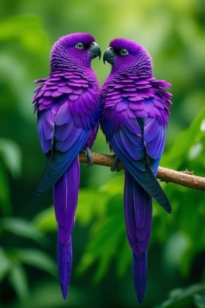 DSLR1.hanna-Two stunning parrots perched side by side on a natural branch, their plumage entirely a vibrant shade of purple. The scene is set against a lush green jungle background, with soft natural lighting illuminating the leaves and casting gentle shadows. The parrots face each other, conveying a sense of closeness and communication, with their long, elegant tail feathers hanging down gracefully. The image is highly detailed, capturing the texture of each feather in a striking contrast of purple against the rich green foliage. The composition is vibrant and colorful, with an emphasis on the interplay between the purple of the parrots and the lush green background, creating a visually captivating and exotic atmosphere.