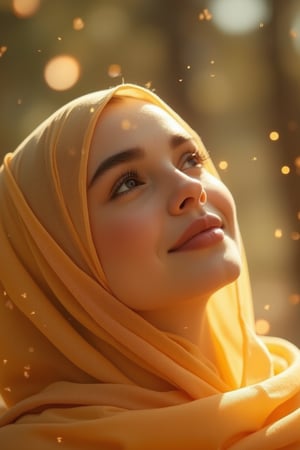 Fantasy portrait of Hanna, a young woman in a hijab, captured with a dreamlike, soft-focus effect. Her face is illuminated by gentle, golden light, as she smiles subtly with a calm, serene expression. Her head is slightly tilted as she looks up toward the sky, conveying a peaceful, reflective mood. The background is blurred, with delicate light flares and floating particles that give the scene a magical, fantasy atmosphere, blending reality with a dreamlike sense of wonder.