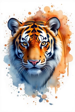 A majestic tiger in an abstract watercolor style, its face detailed with fine strokes blending into splashes of orange, blue, and white. The artwork merges realism and abstract art, with dynamic paint splatters and brushstrokes that suggest movement and energy, creating a wild yet harmonious composition. The tiger’s gaze is intense and focused, symbolizing strength and grace.