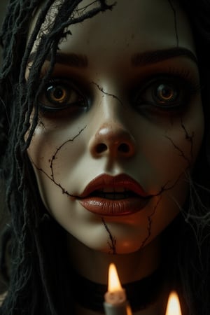 An extreme close-up of a hyper-realistic, unsettling mannequin face of Ahlabun.hanna with a Halloween theme. The mannequin has porcelain skin with fine hairline cracks, mismatched glass eyes—one slightly askew—staring vacantly. Flickering candlelight casts eerie shadows across her face, enhancing the uncanny valley discomfort. Faint cobwebs gather in the corners, adding to the haunting effect. The image evokes the eerie, nostalgic atmosphere of a 1920s department store display, capturing a sense of aged, abandoned beauty that feels disturbingly lifelike.