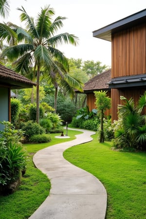 Ultra HD photography of Hanna capturing a vibrant, modern tropical landscape featuring a winding concrete pathway bordered by lush greenery. Sleek, contemporary wooden and steel structures stand on both sides, with tall, slanted roofs. The garden is filled with a variety of tropical plants, including palm trees, shrubs, and decorative bushes. A small, young tree with cascading leaves adds a whimsical touch. Neatly arranged flower beds and well-manicured grass frame the pathway, creating a clean and serene environment. The sky is overcast, but soft sunlight gently illuminates the landscape, enhancing the natural vibrancy. The scene reflects a blend of modern architecture and tropical nature, with an inviting, peaceful atmosphere. The shot captures the essence of a modern tropical landscape, with every detail rendered in ultra HD clarity, emphasizing the beauty of the lush greenery and sleek structures.