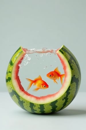 Surreal concept of a sliced watermelon, where the inner flesh is transformed into a transparent aquarium filled with water. Two small goldfish swim inside the slice, with ripples on the water’s surface. The outer watermelon rind remains intact, creating the illusion of a natural fish tank. The background is minimalistic, with a light gray tone to focus on the contrast between the natural watermelon texture and the transparent water filled with fish. Hyper-realistic details emphasize the texture of the watermelon rind and the delicate movement of the fish in the water.