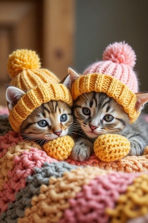 Ultra HD photography of Hanna capturing a heartwarming, realistic digital painting of three adorable kittens snuggled together, each wearing cozy knitted hats and matching mittens. The kittens have soft fur in shades of orange and gray, with their heads resting on a colorful, textured knitted blanket. Their eyes are wide and curious, peeking out from beneath the hats, which come in shades of yellow and pink. The scene is charming and playful, with intricate details in the knit textures and the kittens' soft fur. The background is softly blurred, keeping the focus on the cute trio and their warm, cozy setting. The shot captures the essence of a heartwarming, playful moment, with every detail rendered in ultra HD clarity, emphasizing the beauty of the kittens' soft fur and cozy hats.