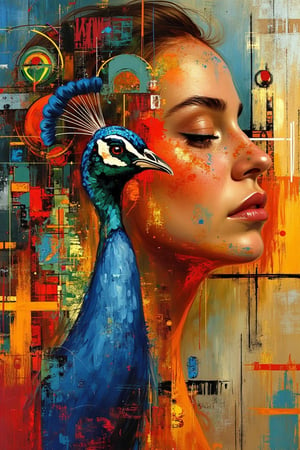 Abstract portrait inspired by Picasso, featuring a beautiful peacock, vibrant colors, geometric shapes, centered composition, Hanna's serene expression, peacock's intricate feathers highlighted, abstract background with fluid patterns, digital art style.