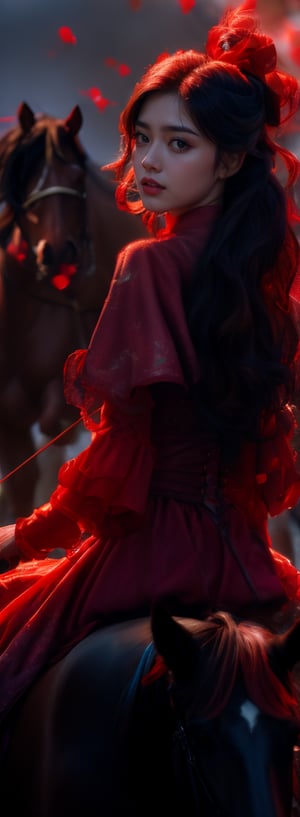 a young woman,looking at the camera, posing,ulzzang, streaming on twitch, character album cover,red moment,style of bokeh, witch dress, ,moody lighting,appropriate comparison of cold and warm, hair over one eye, bow on head, reality,idol,Beauty,beauty,Holding a Recurve Bow, riding a horse