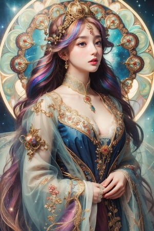 MUCHA STYLE, busty and sexy girl, 8k, masterpiece, ultra-realistic, best quality, high resolution, high definition, COSMO, GALAXY,stardust ,Her hair is the highlight, flowing around her head with white to iridescent hues