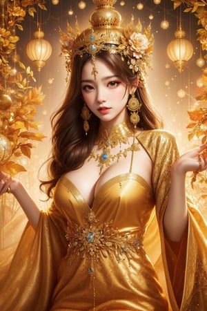 busty and sexy girl, 8k, masterpiece, ultra-realistic, best quality, high resolution, high definition, (Mandala flower pattern),  GOLD CROWN, TAHI GIRL, INTRICATE PATTERN DRESS