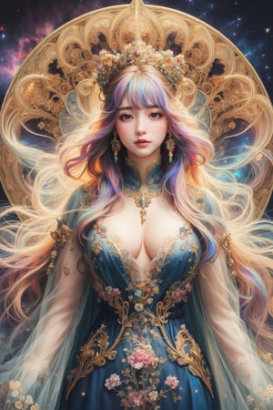 MUCHA STYLE, busty and sexy girl, 8k, masterpiece, ultra-realistic, best quality, high resolution, high definition, COSMO, GALAXY,stardust ,Her hair is the highlight, flowing around her head with white to iridescent hues