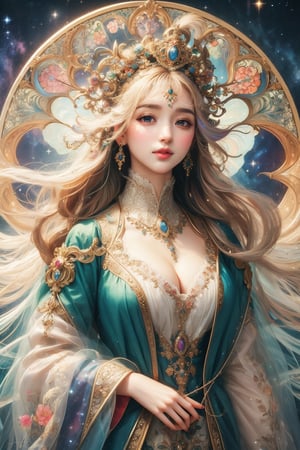 MUCHA STYLE, busty and sexy girl, 8k, masterpiece, ultra-realistic, best quality, high resolution, high definition, COSMO, GALAXY,stardust ,Her hair is the highlight, flowing around her head with white to iridescent hues