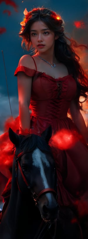 a young woman,looking at the camera, posing,ulzzang, streaming on twitch, character album cover,red moment,style of bokeh, witch dress, ,moody lighting,appropriate comparison of cold and warm, hair over one eye, bow on head, reality,idol,Beauty,beauty,Holding a Recurve Bow, riding a horse