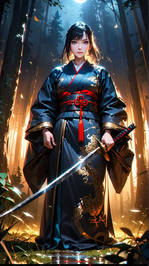 (4k), (masterpiece), (best quality),(extremely intricate), (realistic), (sharp focus), (award winning), (cinematic lighting), (extremely detailed), (clear image), (high-definition), (anatomically correct), (female), (black hair), (dark blue eyes), (hair in Japanese style), (Black Japanese kimono with pattern), (holding a single katana two handed), (blade has blue accents), (hilt has dragon design), (standing in moonlit clearing in forest), (can see breath), (night time), (moonlight), (meadow), (combat), (field), 