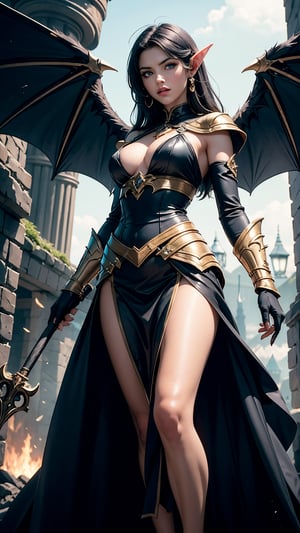 A high-definition masterpiece of an image showcases a stunning female mage, a high-elf with striking black hair and piercing blue eyes. She stands amidst a chaotic battlefield, casting intricate spells as demonic forces surround her. Cinematic lighting illuminates the scene, highlighting the hyper-realistic textures of her magical attire and the detailed, award-winning background. The 4K image is crystal clear, capturing every aspect of this epic struggle between good and evil.