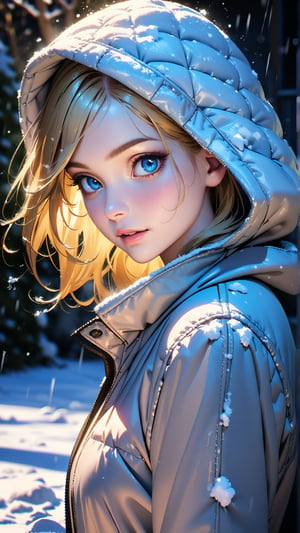 (4k), (masterpiece), (best quality),(extremely intricate), (realistic), (sharp focus), (award winning), (cinematic lighting), (extremely detailed), (clear image), (high-definition), (anatomically correct), (female), (perfect body), (blonde hair), (blue eyes), (wearing a winter jacket with hood), (standing outside), (heavy snowfall), (looking at viewer), (stunning eyes), (snow is falling), (closeup), (snowstorm),made of snow